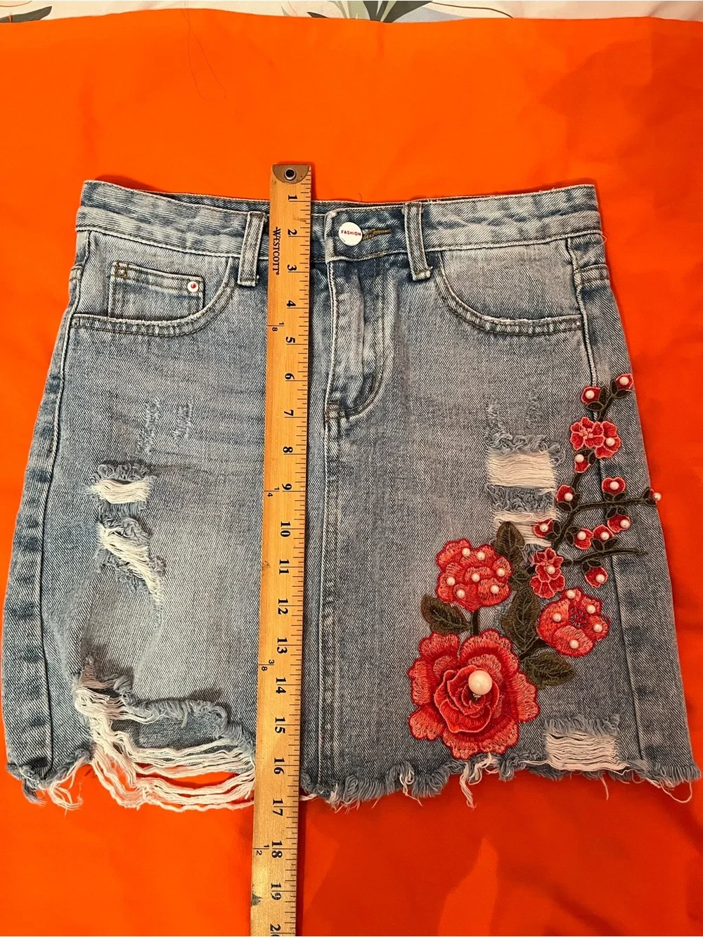 Embroidered Red Floral Distressed Denim Skirt - Women